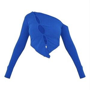 Pretty Little Thing Blue Crinkle Rib One Shoulder Asymmetric Long Sleeve Top S 4